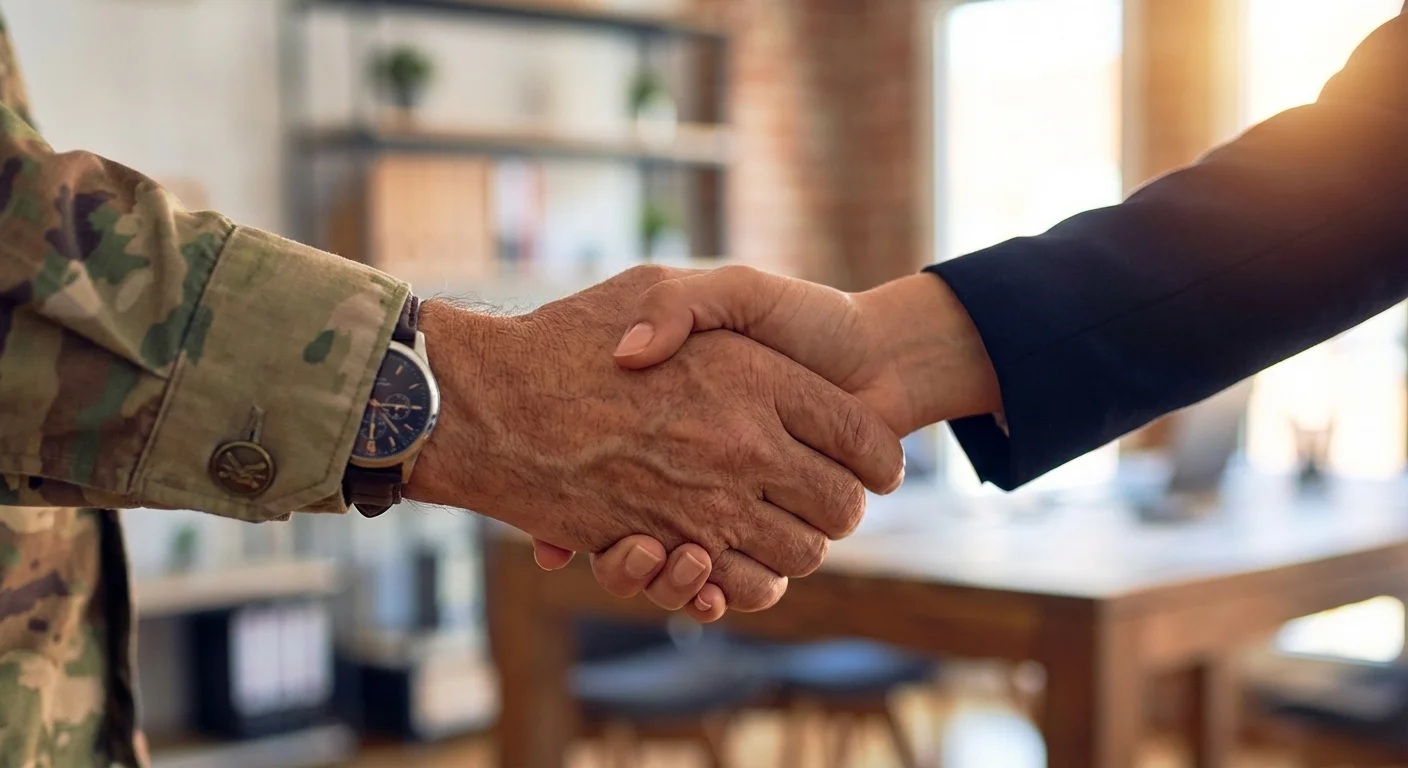 A handshake between two professionals in a bright office setting.