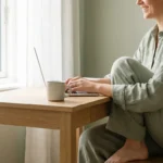 A person smiling at a laptop in a bright, minimalist home office setting.