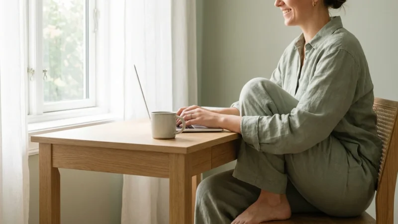 A person smiling at a laptop in a bright, minimalist home office setting.