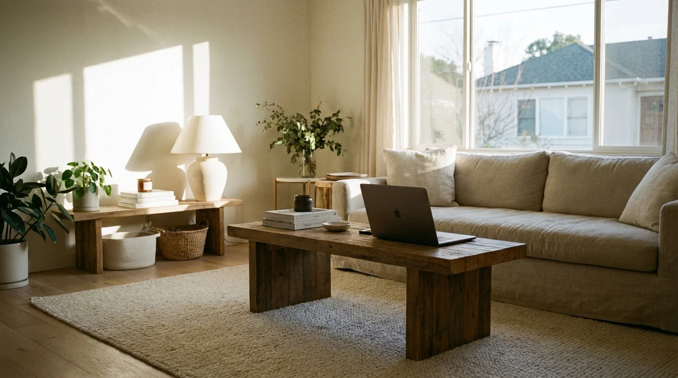 A peaceful, sunlit living room featuring a laptop on a central coffee table.