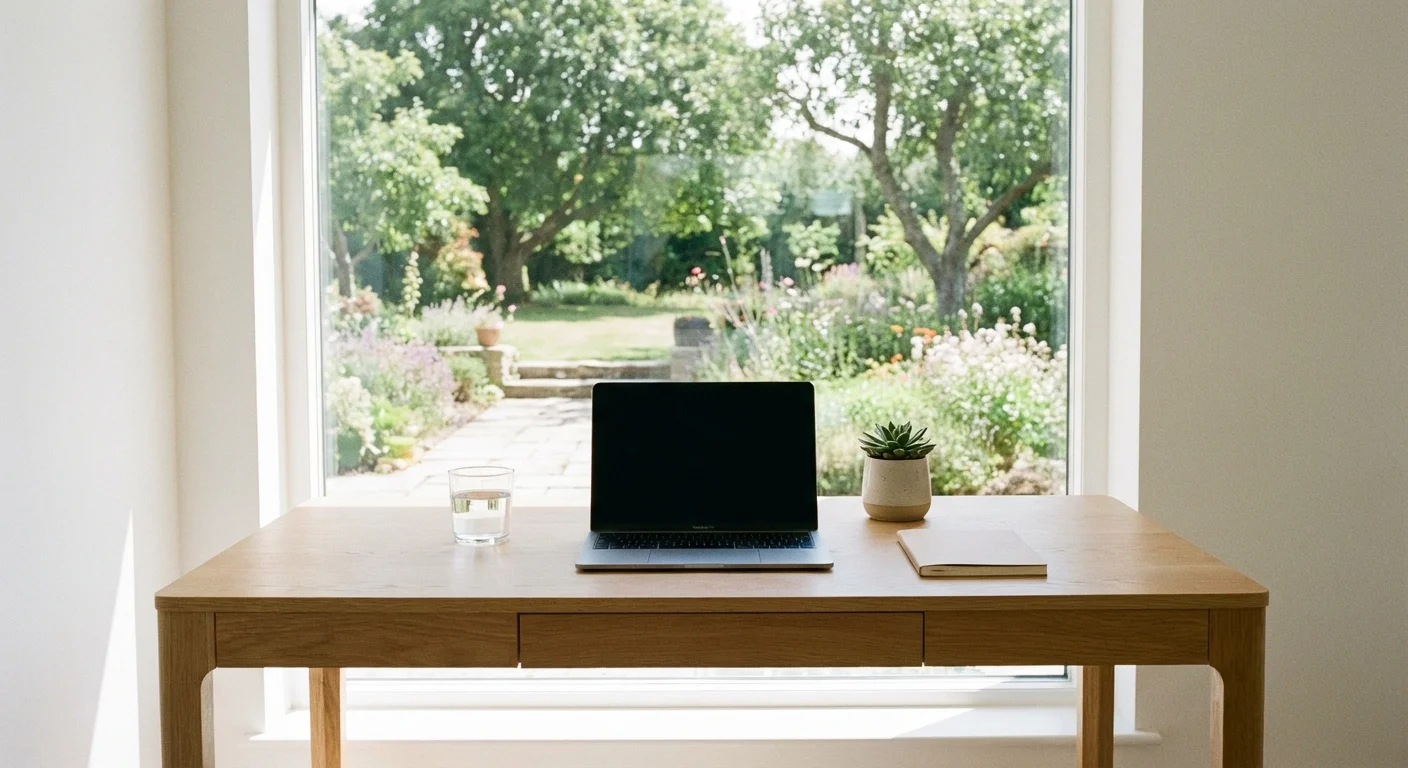 A clean, minimalist home office desk overlooking a serene garden.