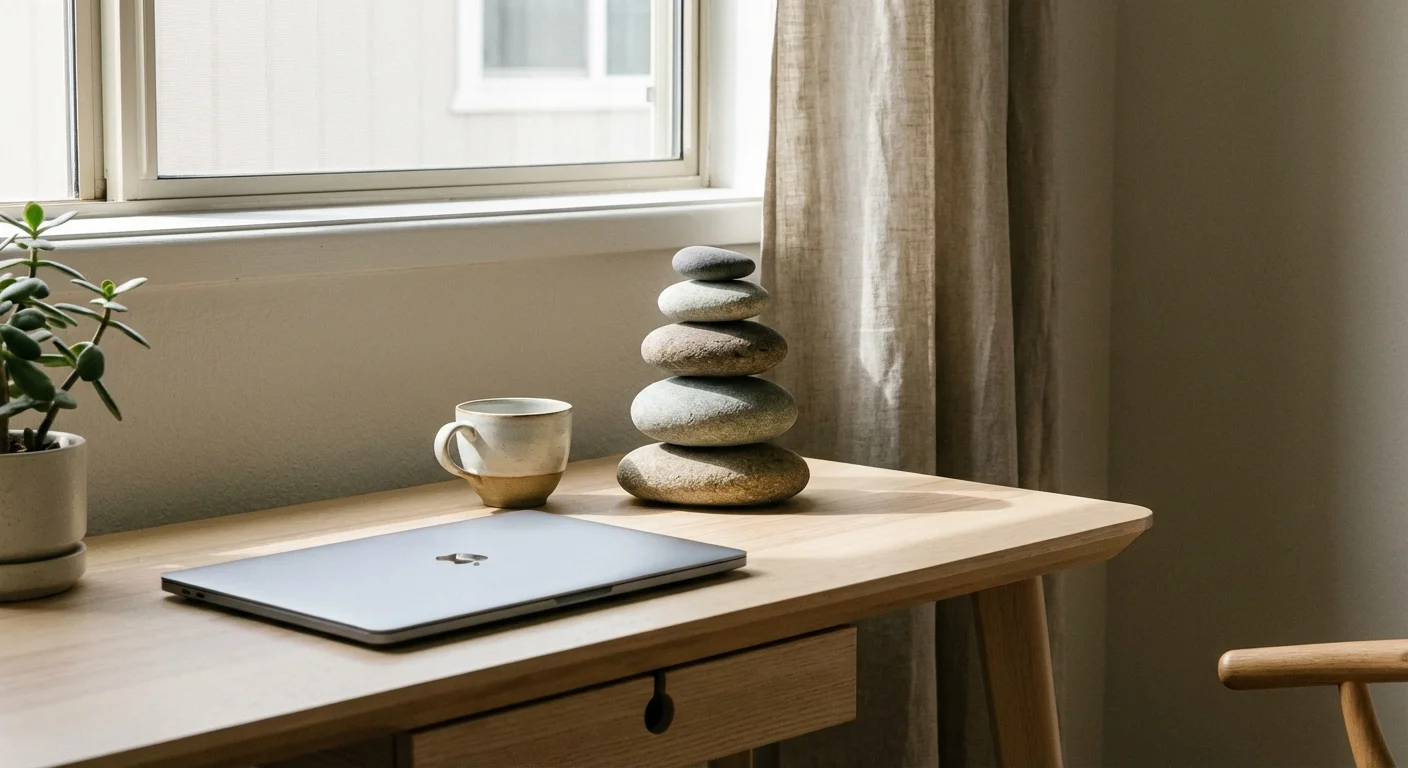 A stack of balanced stones on a desk, symbolizing a financial buffer.