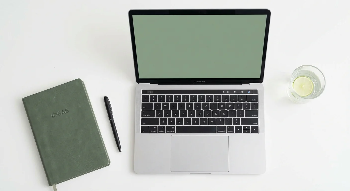 A clean, organized desk with a laptop and notebook.