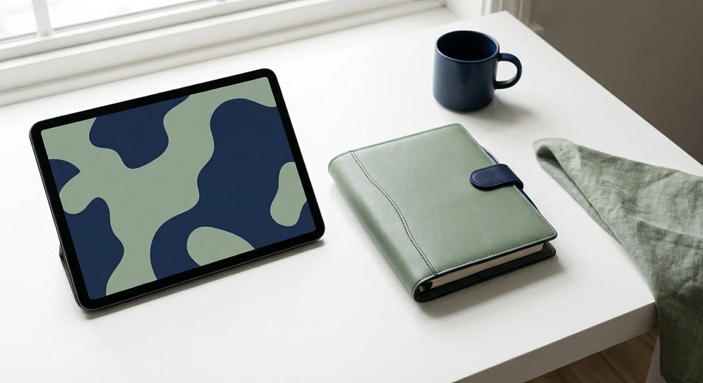 A tablet and a leather planner side-by-side on a clean white desk.