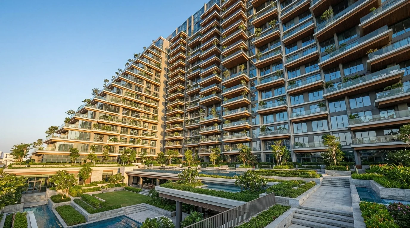A wide, professional shot of a massive and modern apartment complex.
