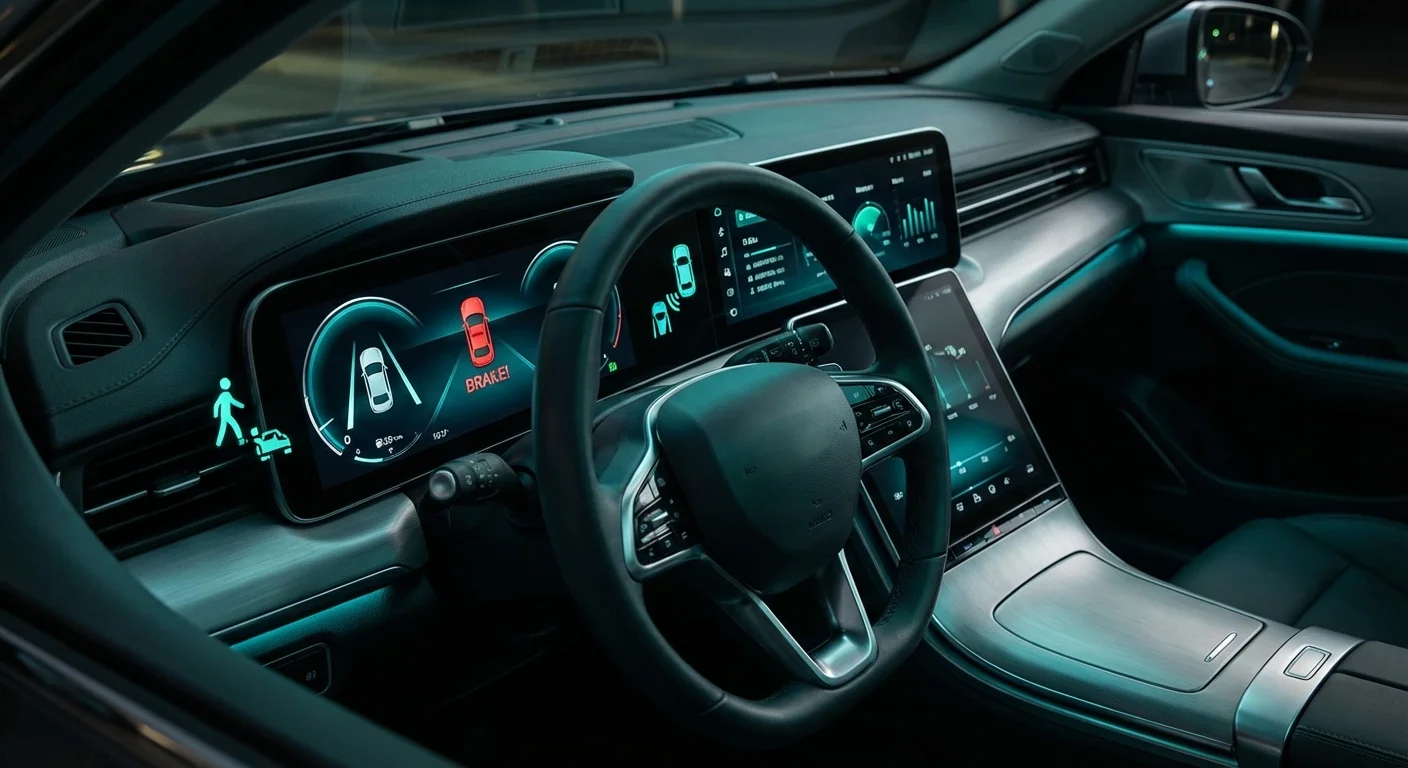 A modern car dashboard displaying various safety and anti-theft icons.