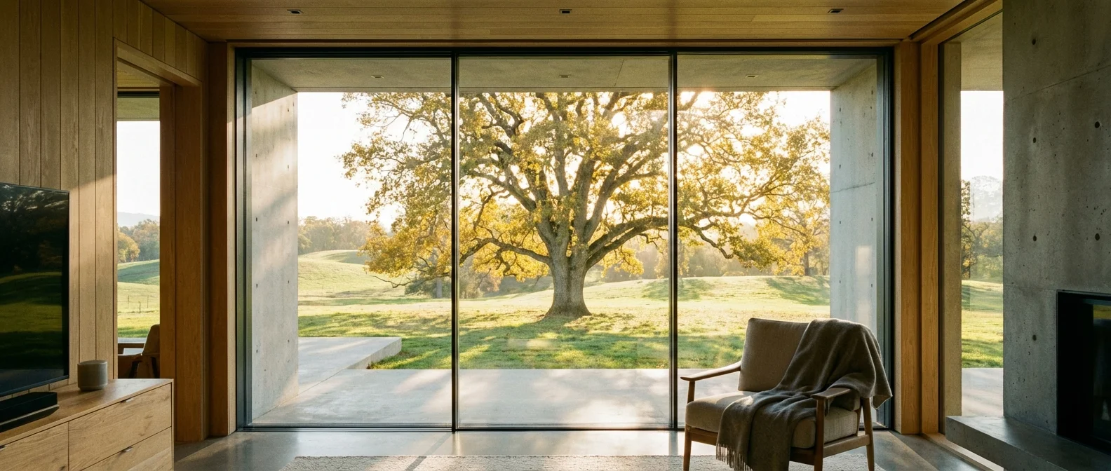 A large oak tree seen through a window, symbolizing strength and longevity.
