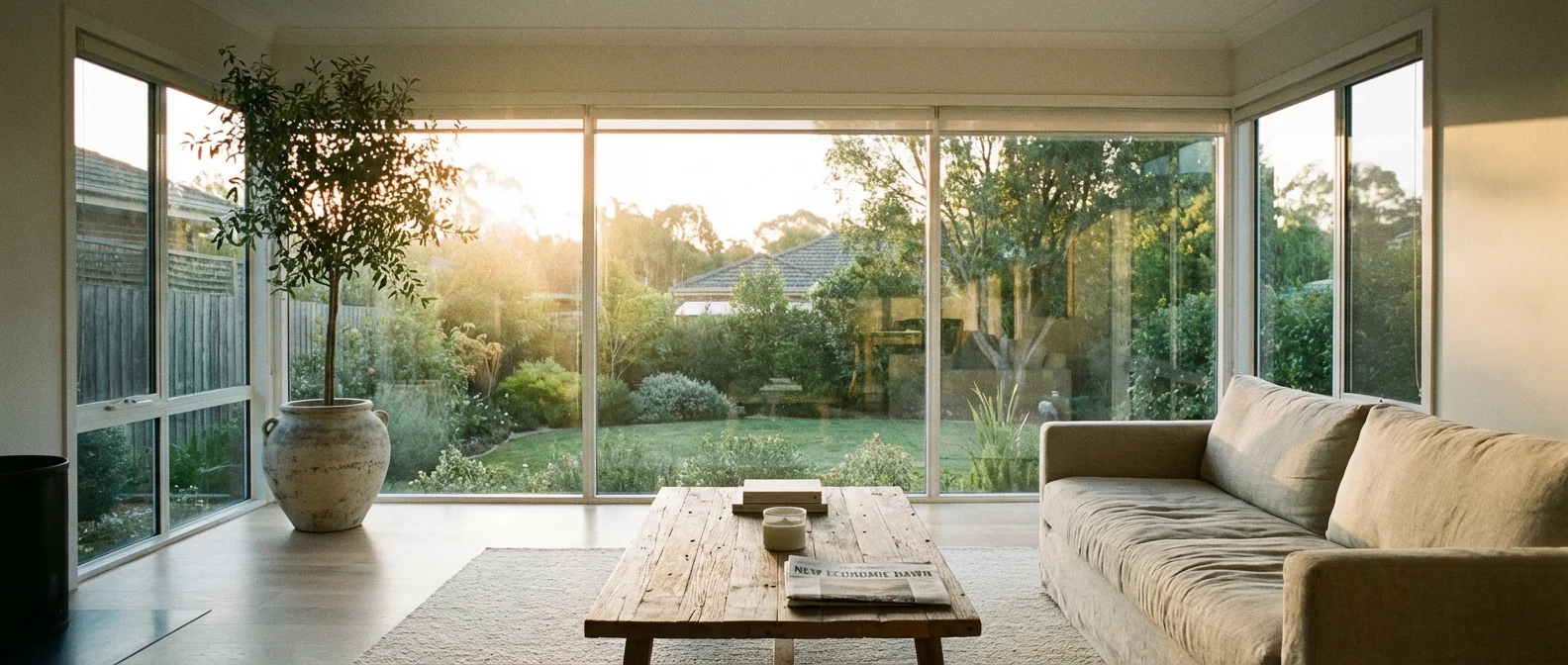A bright, sunlit living room at dawn, representing a changing and improving economic climate.