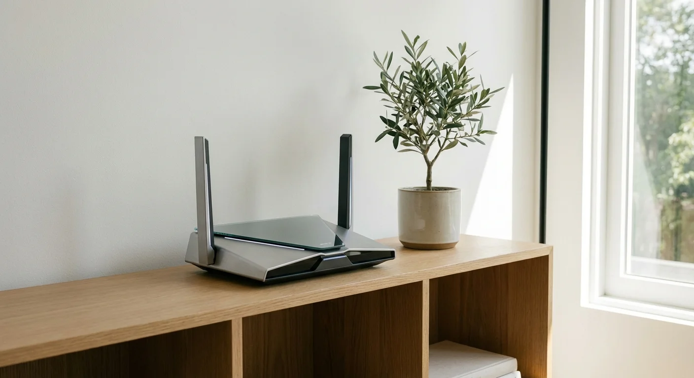 A modern Wi-Fi router on a bookshelf, representing the importance of a good internet plan.