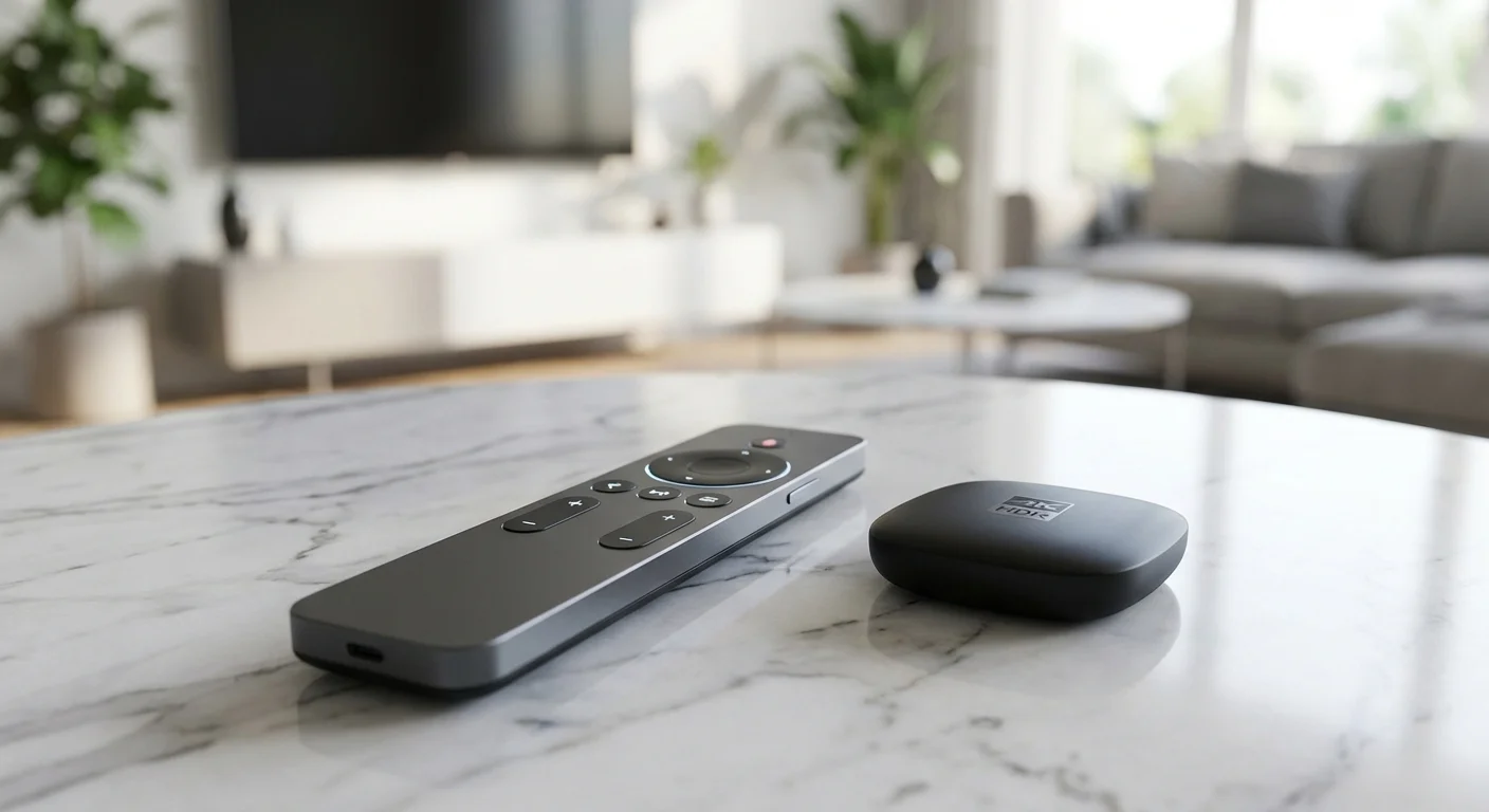 A modern streaming remote and device on a marble table, representing 2025 technology.