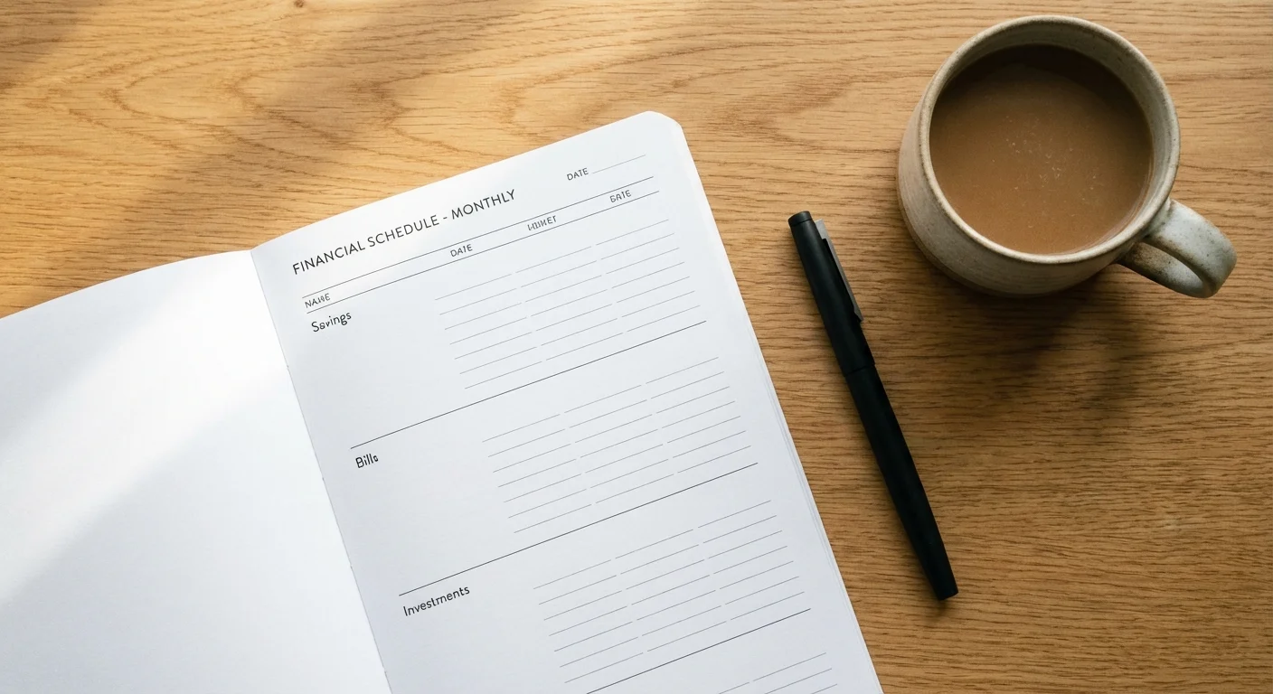 A minimalist planner and coffee on a wooden desk, symbolizing financial planning.