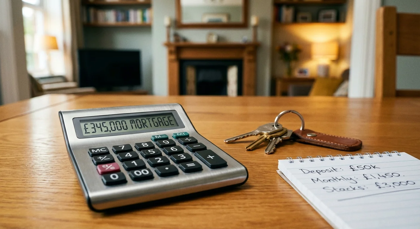 A calculator and house keys on a wooden table, representing real estate math.