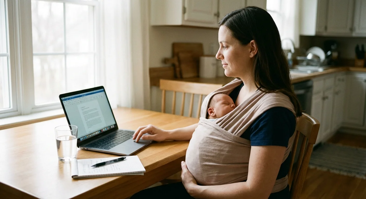 A parent looking at a laptop while holding a sleeping baby in a home setting.