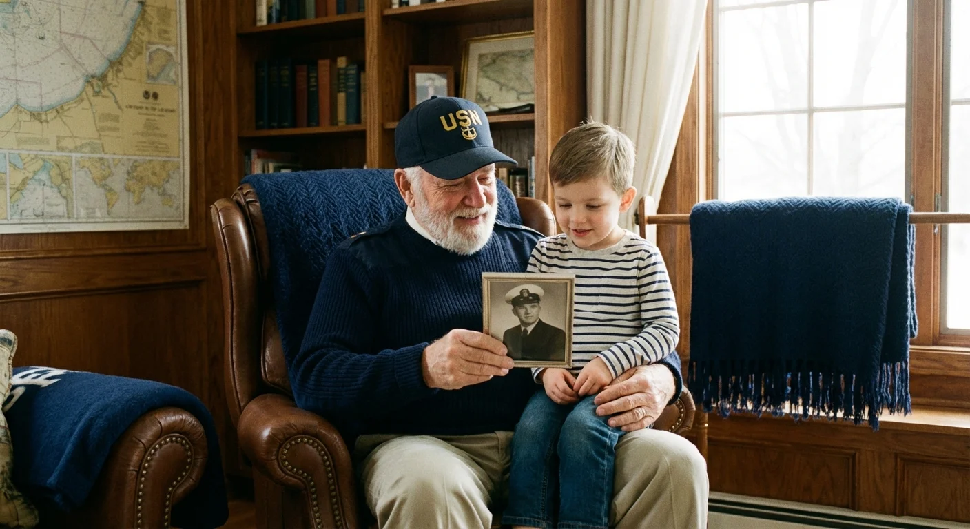 An older veteran sharing a moment of pride with his grandson in a comfortable home.