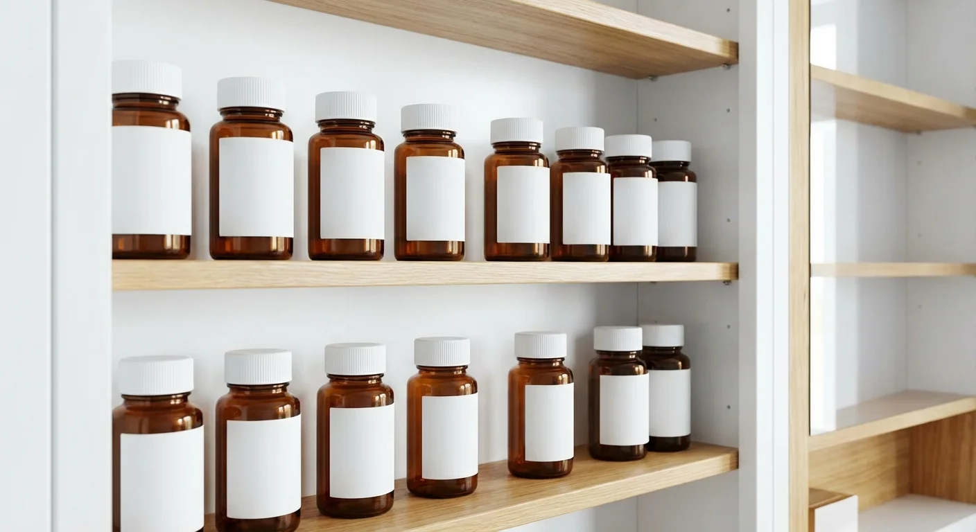 Neatly arranged prescription bottles in a bright, clean medicine cabinet.