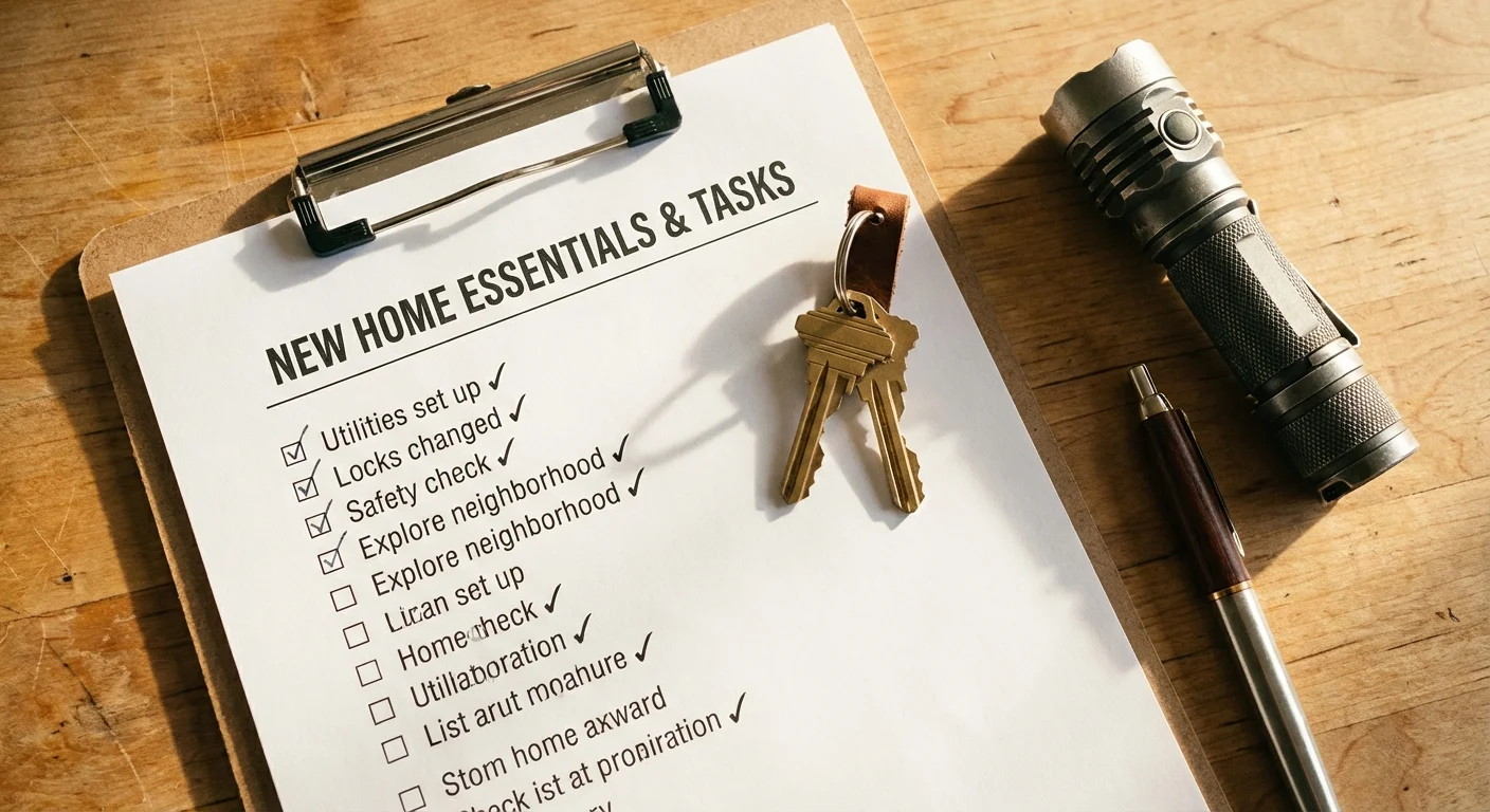 A home inspection checklist, keys, and a flashlight on a wooden table.