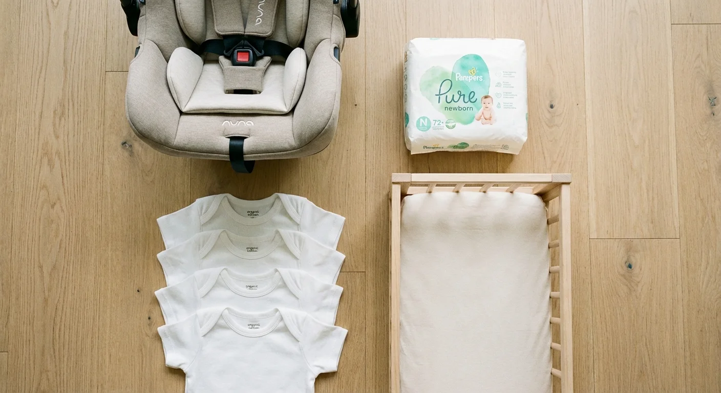 A flat lay of essential baby items including a car seat and clothing on a wooden floor.