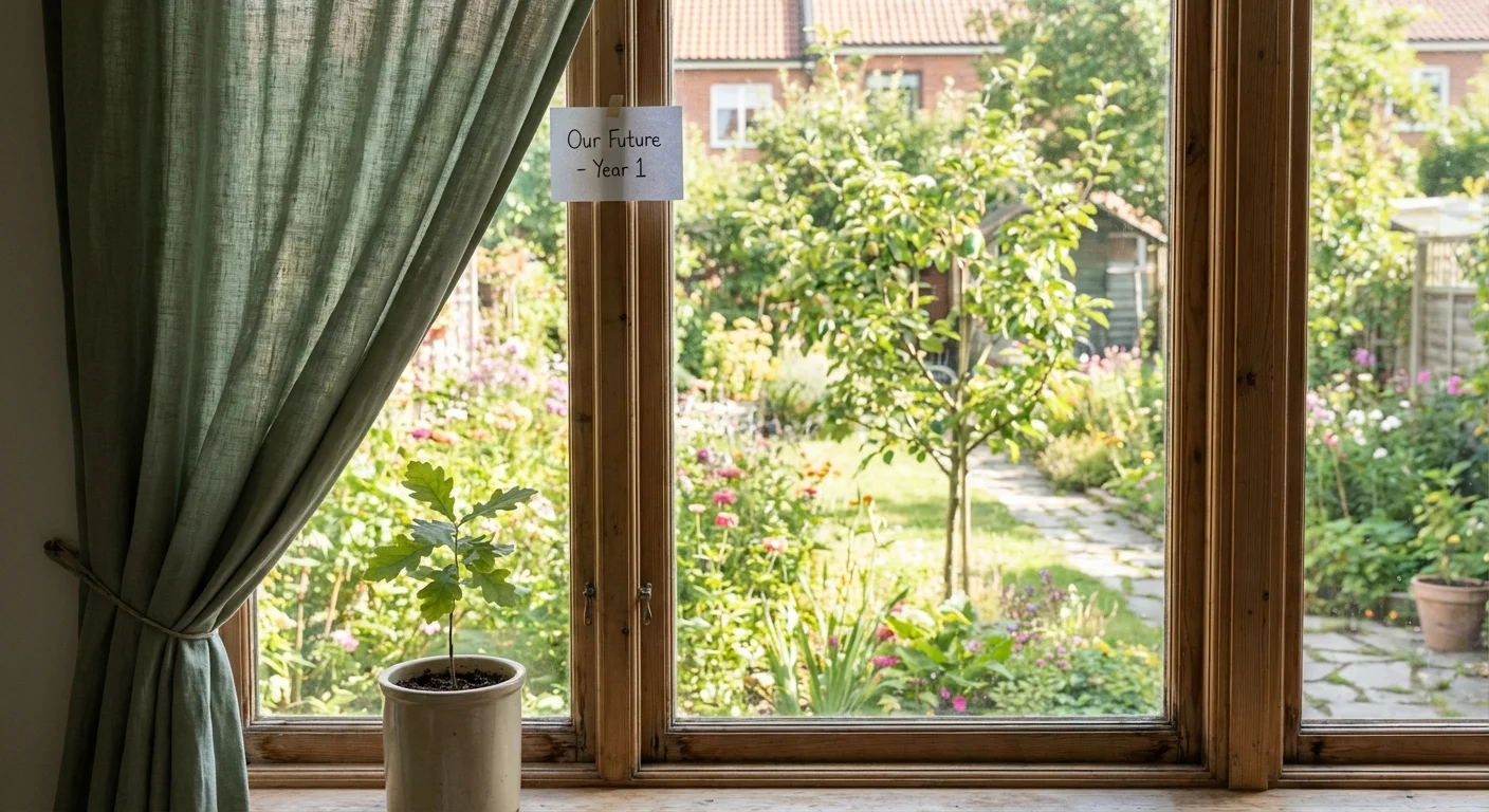 A view through a window of a sun-filled garden and a young tree.