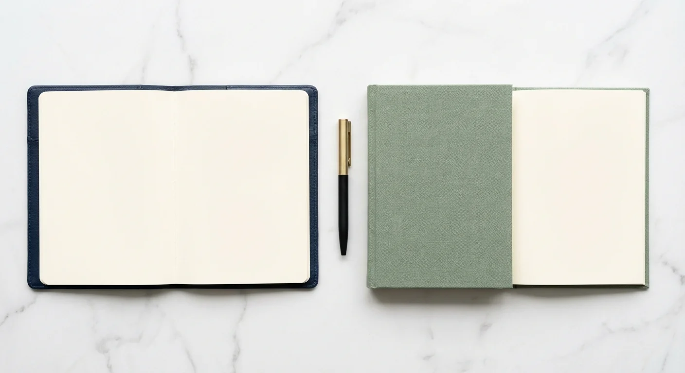 Two organized notebooks side-by-side on a marble desk, representing a clear comparison of retirement plans.