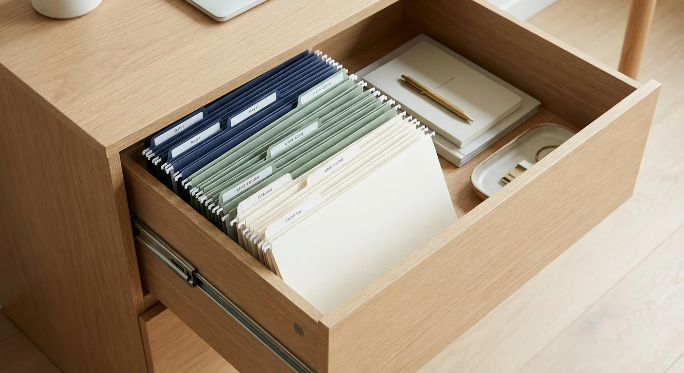 Organized, color-coded files in a desk drawer, representing tax diversification.