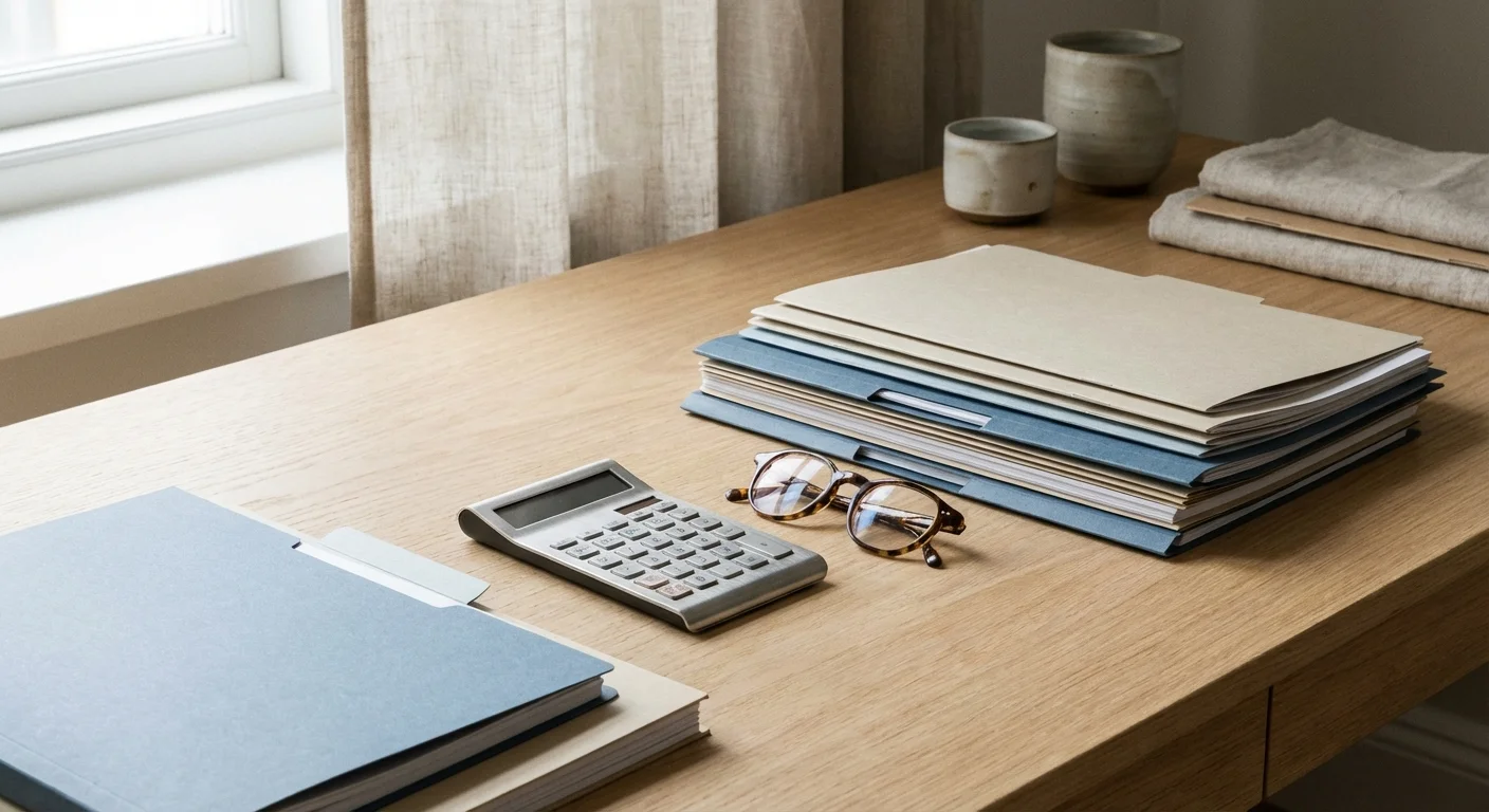 A calculator and organized financial papers on a modern desk.