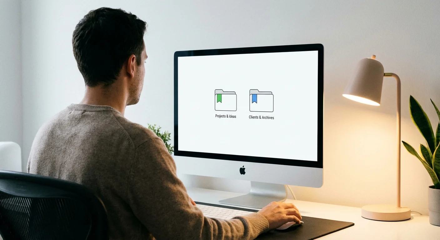 Over-the-shoulder view of a person organizing digital files on a computer screen in a home office.