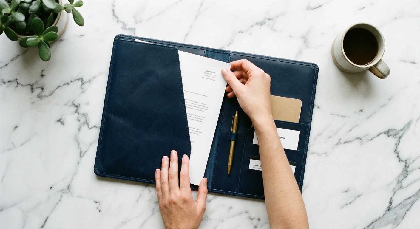Overhead view of a person organizing a single document into a neat folder.