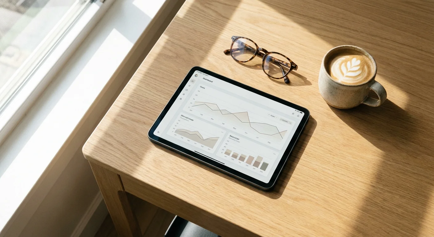 Overhead view of a tablet with financial charts, glasses, and coffee on a desk.