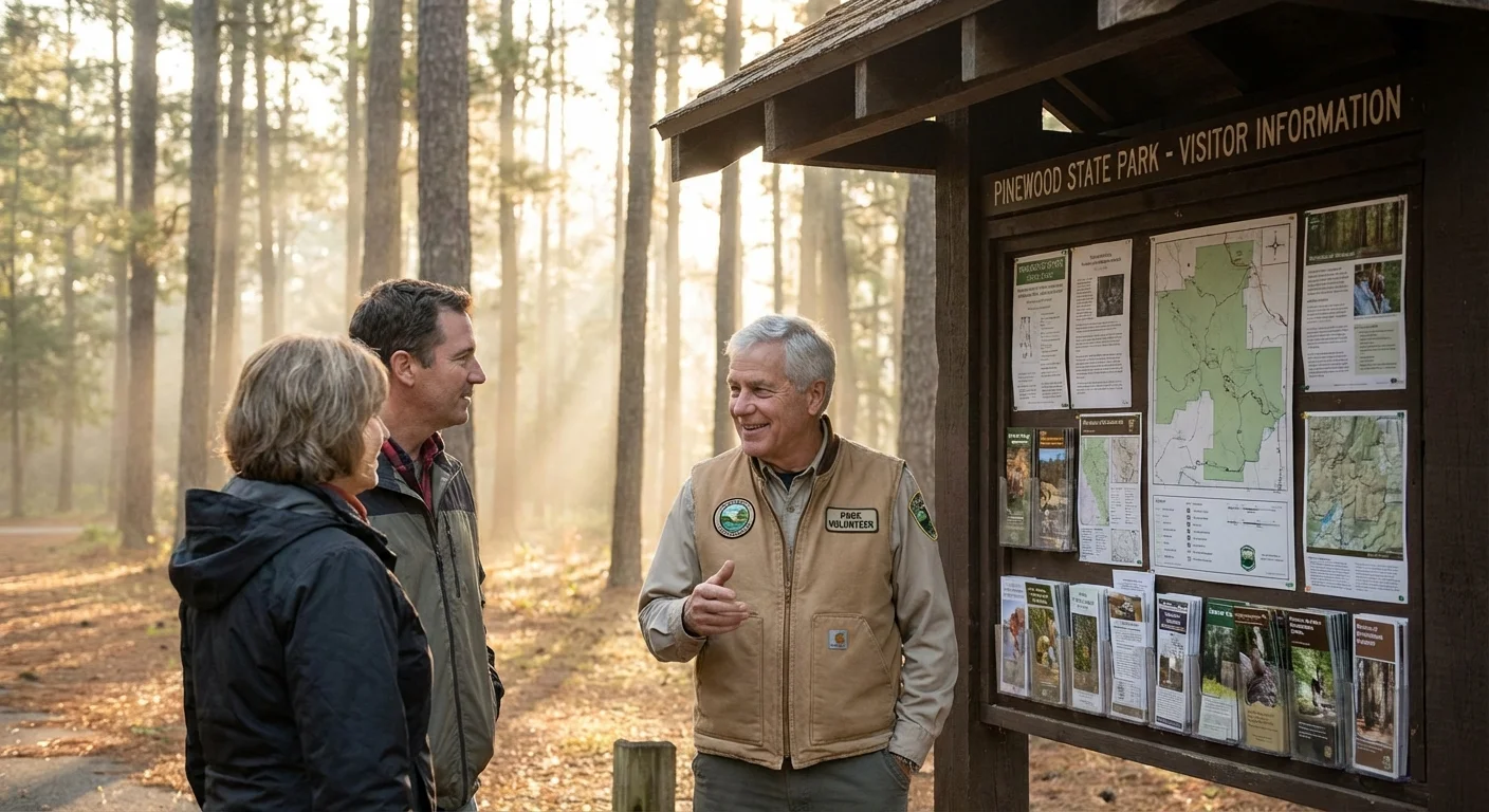 A senior volunteer at a National Park kiosk, illustrating the path to a free pass through service.
