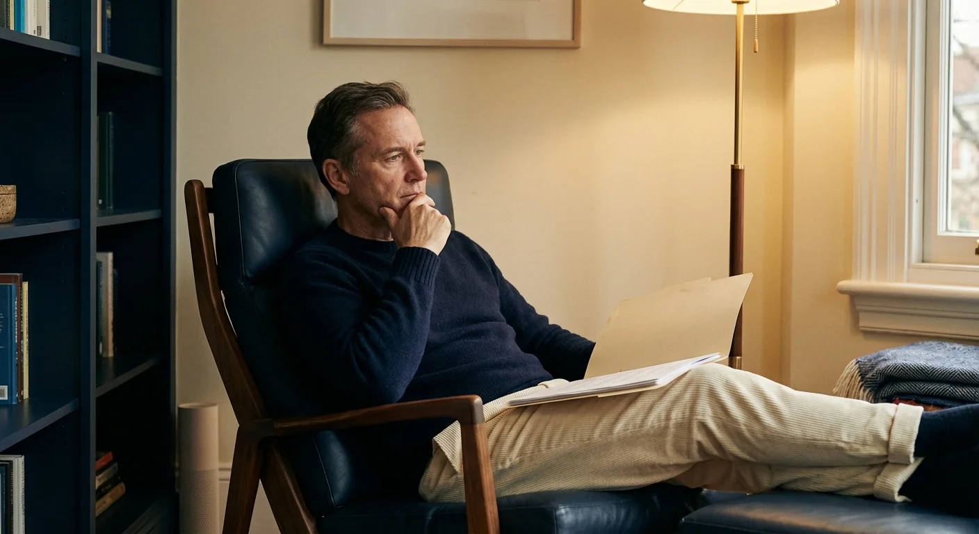 A man looking thoughtfully at financial documents, representing careful planning to avoid errors.