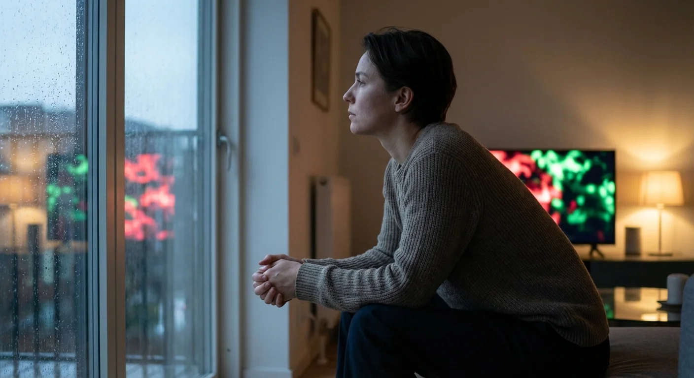 A person looking calmly out a window, ignoring a blurry TV screen in the background.