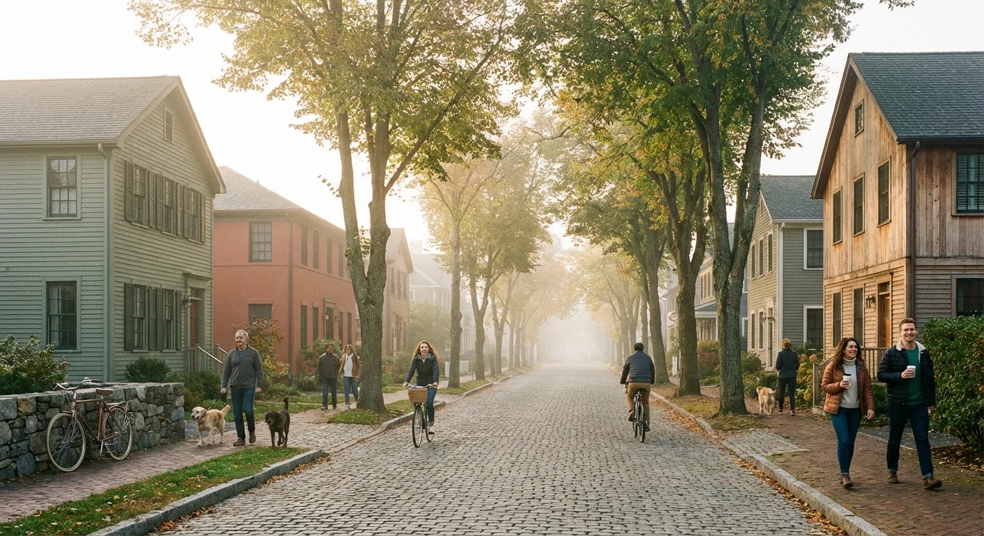 A peaceful, tree-lined residential street with various styles of homes.