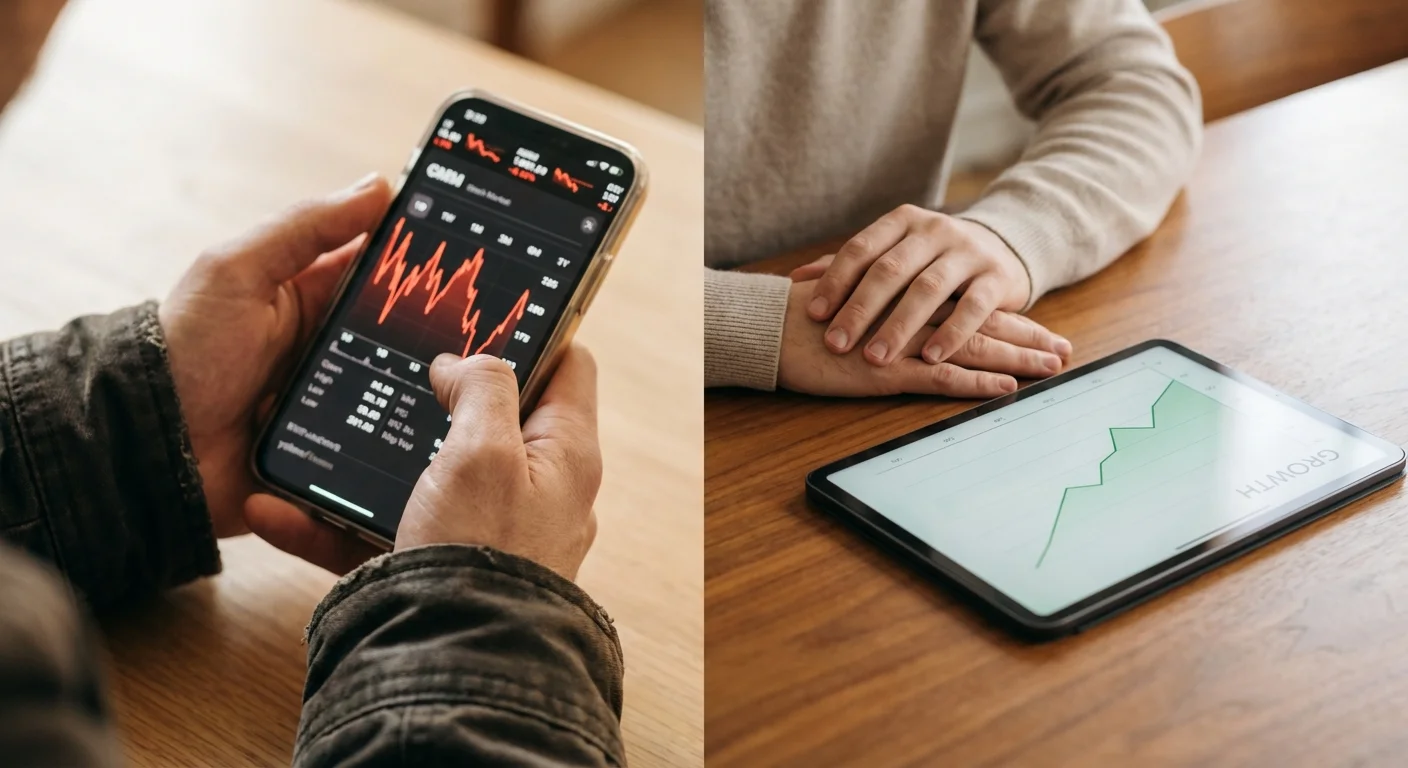 A visual comparison between the stress of active trading and the calm of passive index investing.