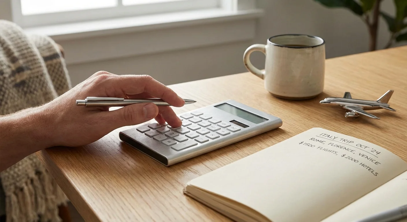 Close-up of a person calculating travel savings in a notebook next to a coffee mug.