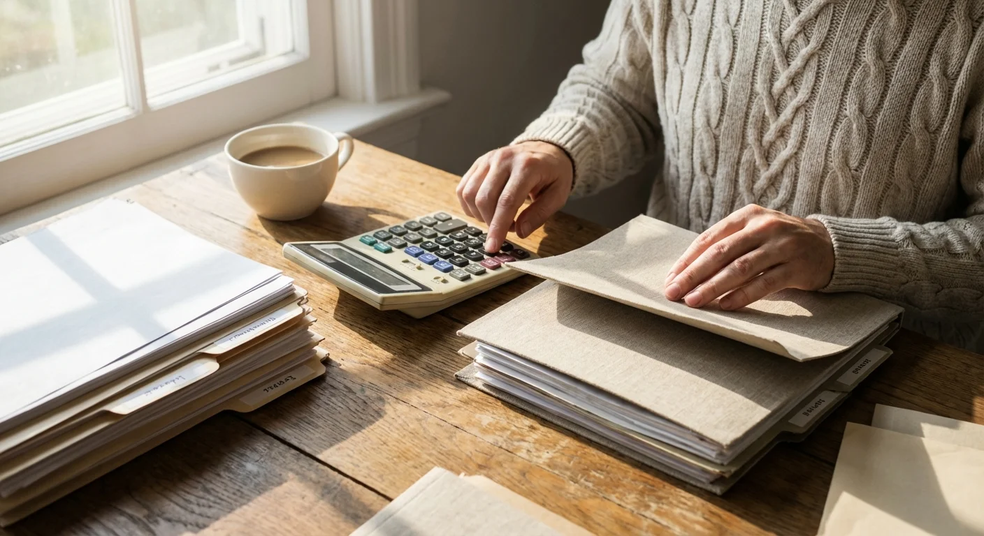 Close-up of hands organizing financial documents on a sunny wooden table.