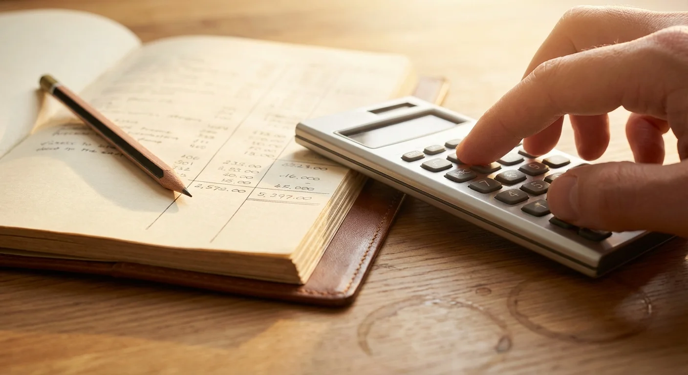 Close-up of hands calculating finances on a clean wooden desk with soft lighting.