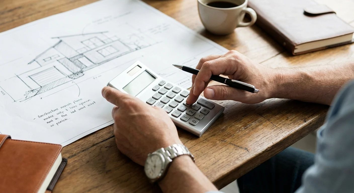 Close-up of hands using a calculator and pen on a wooden desk.