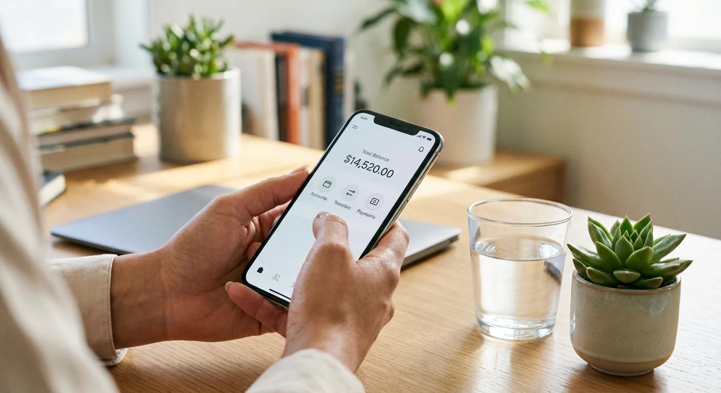 Close-up of hands using a financial app on a smartphone in a bright office.