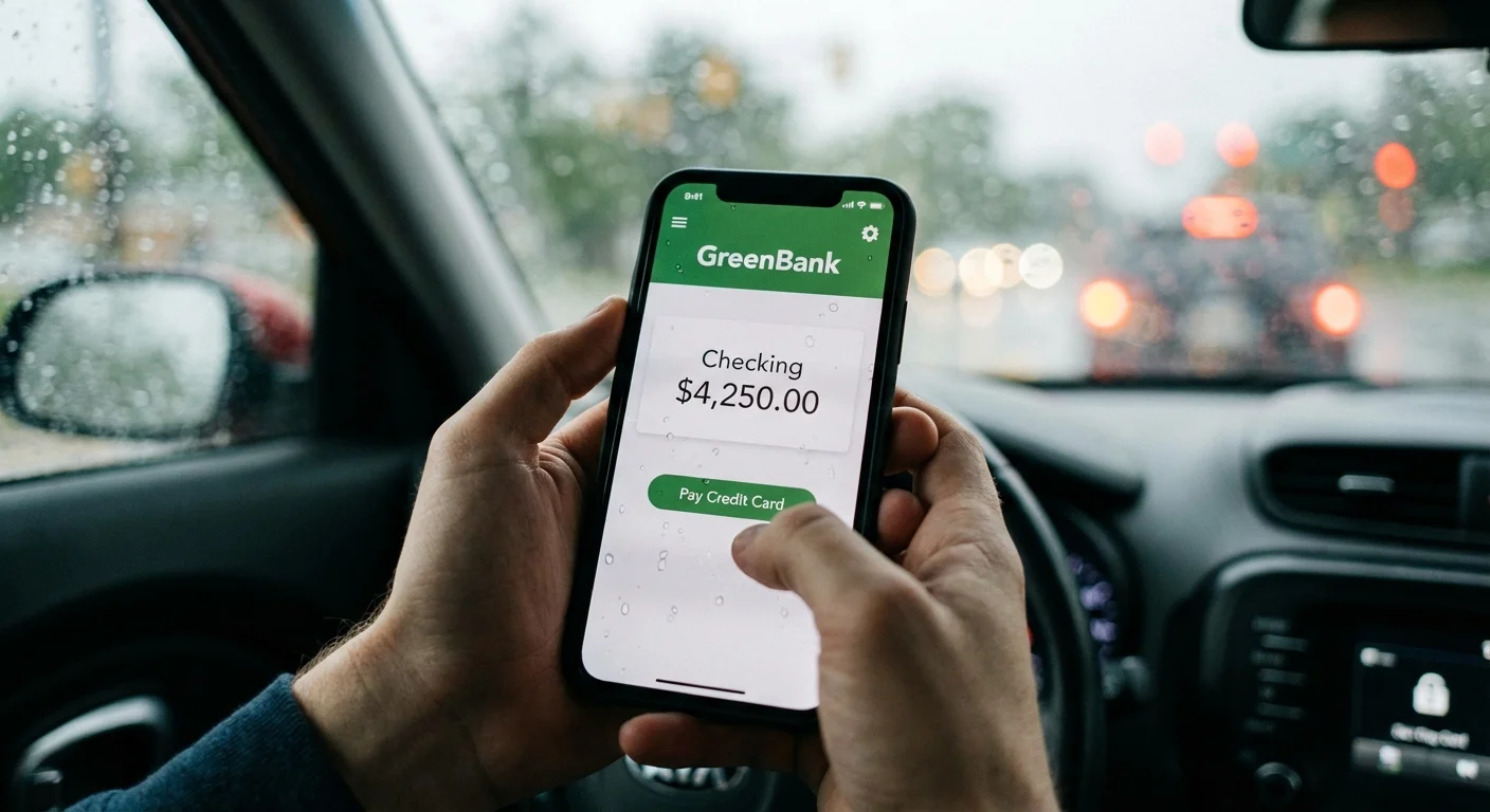 Hands holding a smartphone with a banking app inside a car on a rainy day.