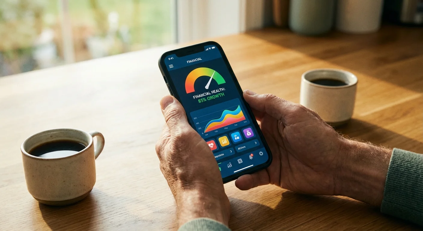 A person checking their financial status on a smartphone at a sunlit table.