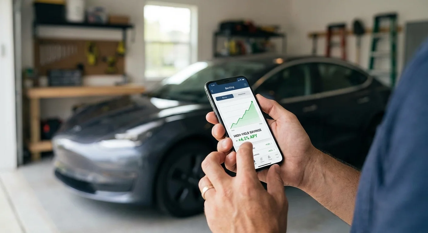 Hands holding a phone showing a savings app with a car in the blurred background.