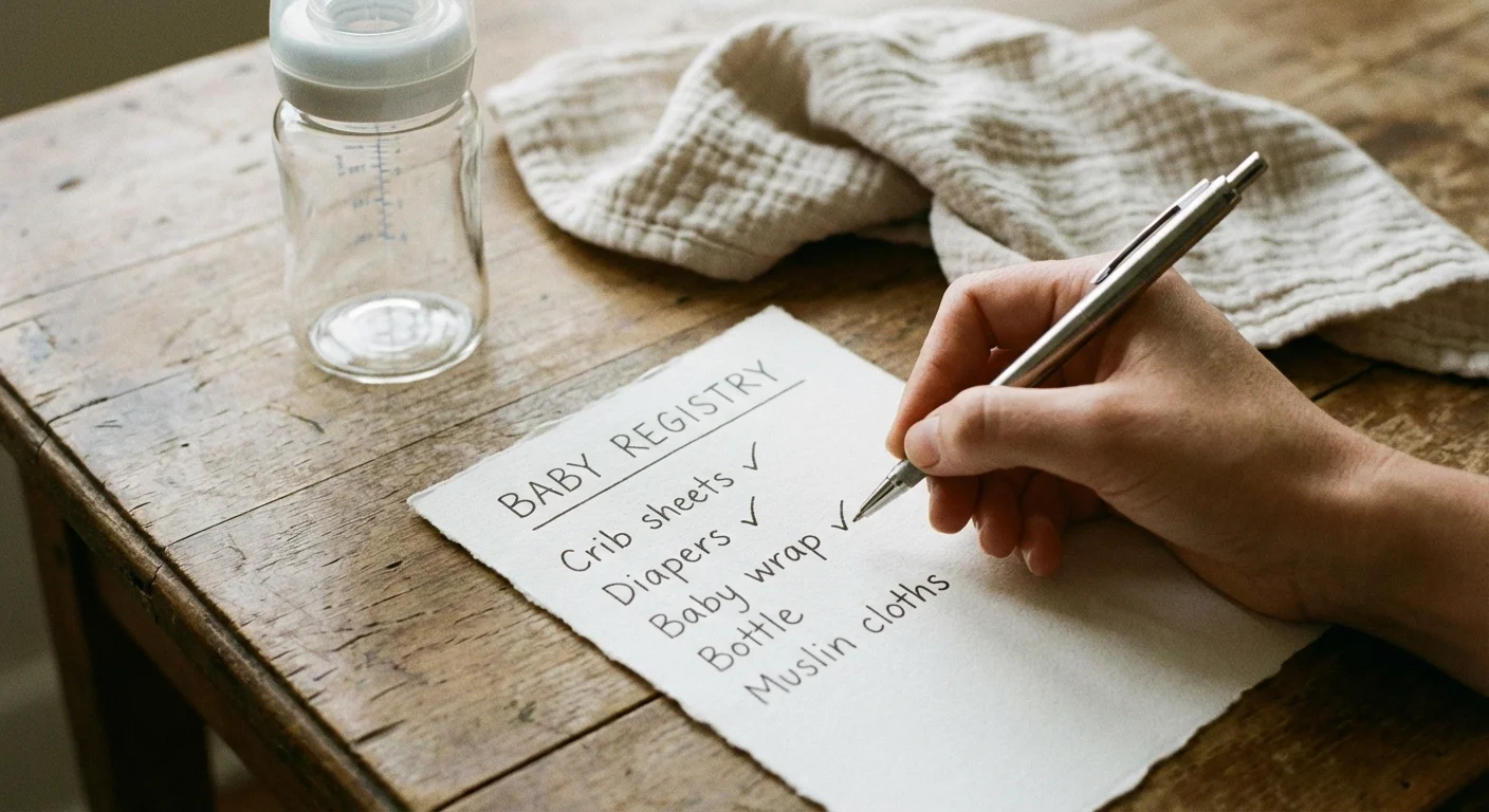 A hand checking items off a paper list next to a baby bottle.