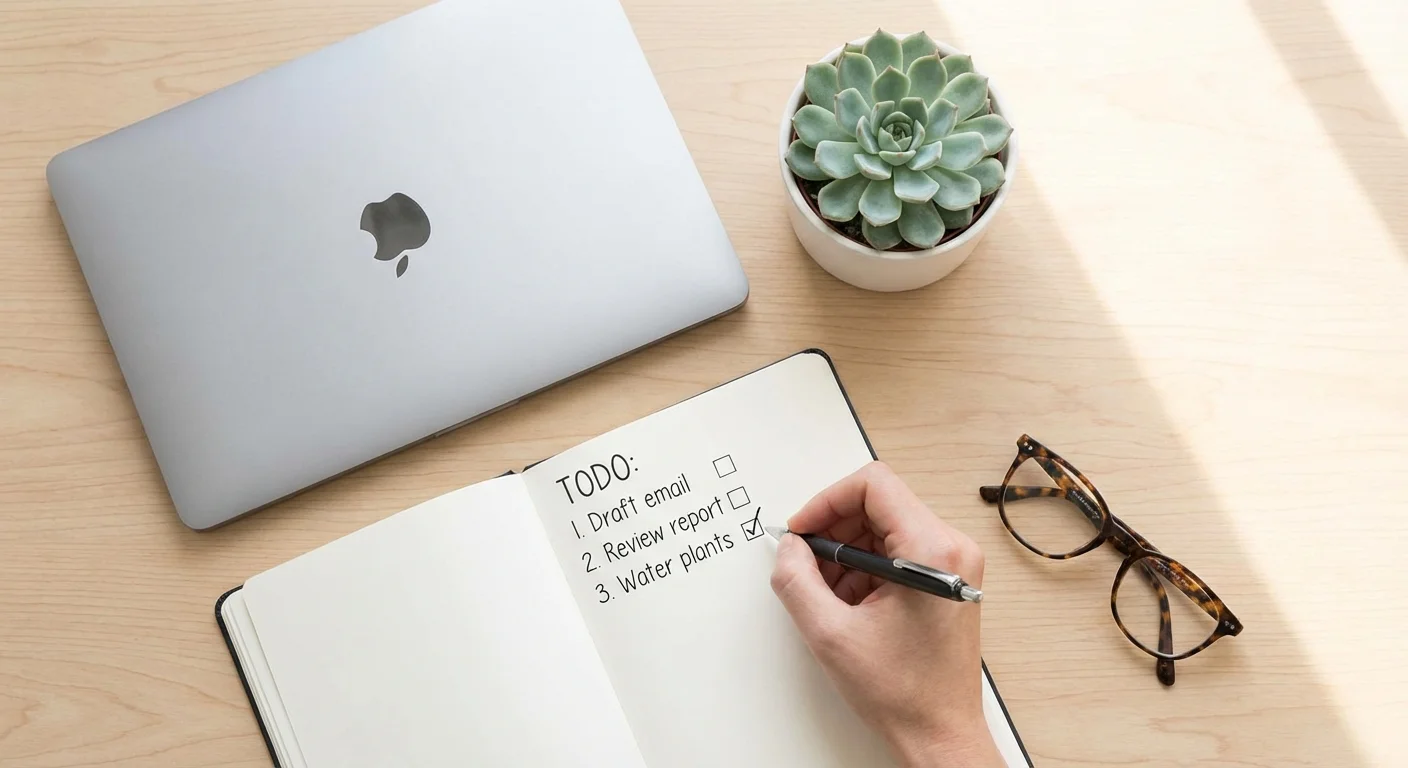 A clean workspace showing a checklist and a laptop, symbolizing the simple steps to switch to index funds.