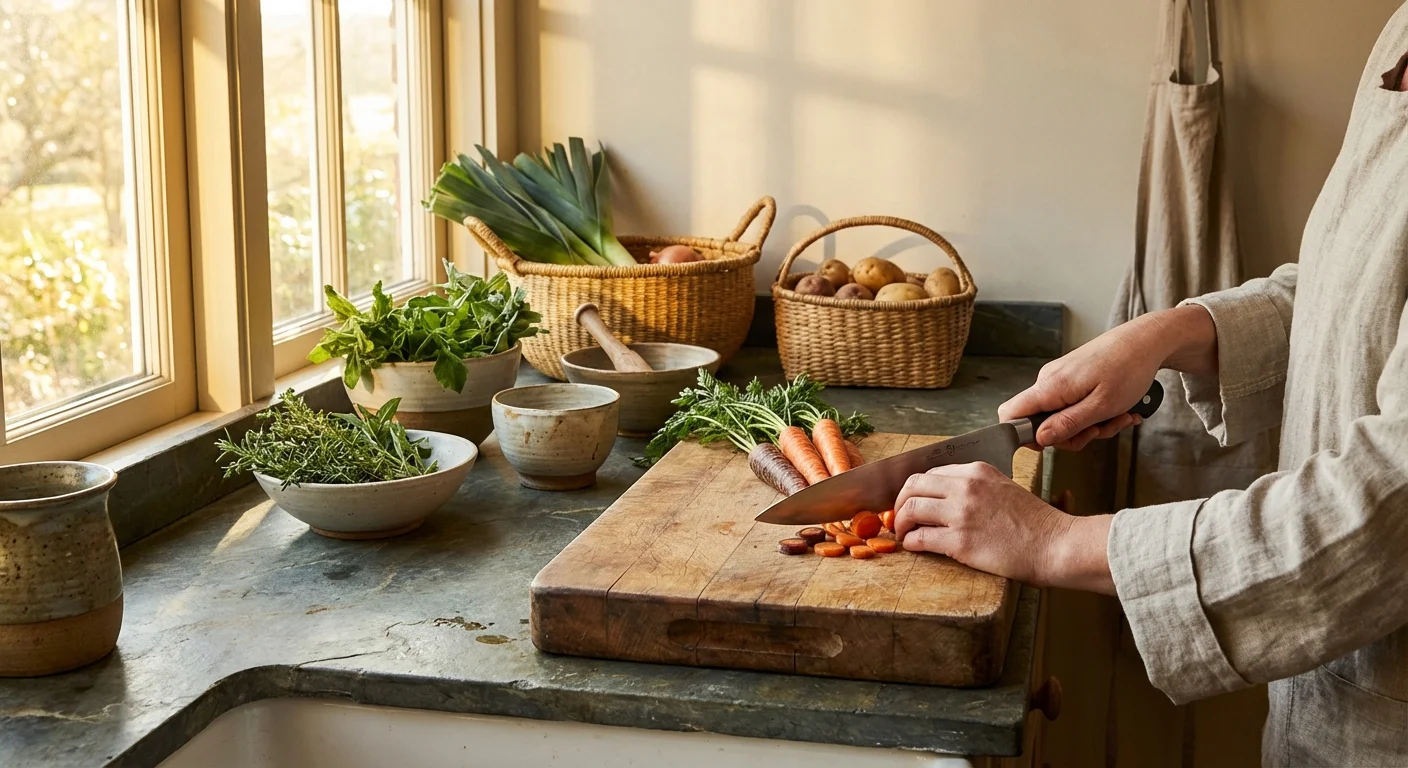 Hands slicing fresh carrots on a wooden cutting board.