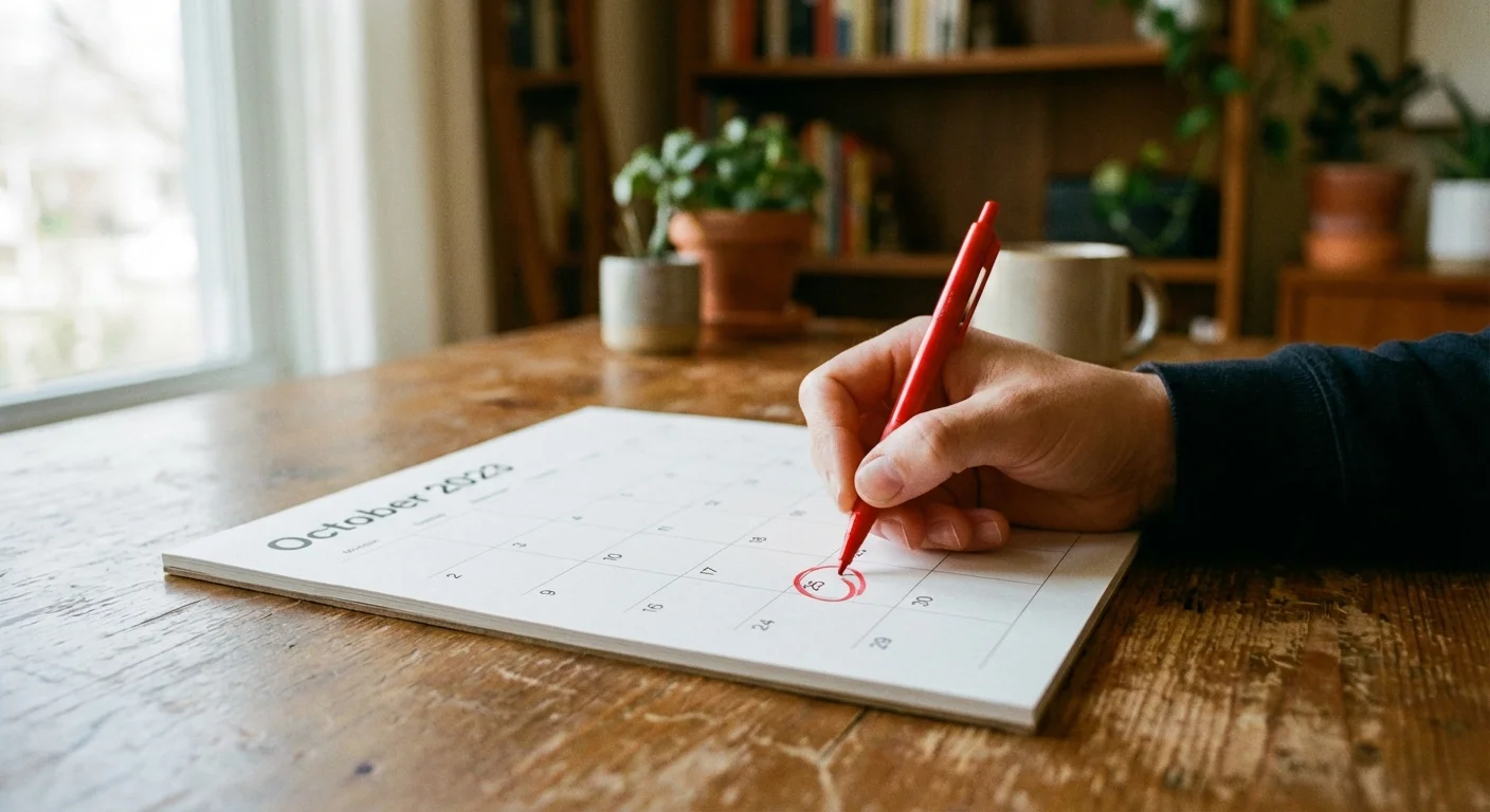 Close-up of a hand marking a calendar, symbolizing financial timelines.
