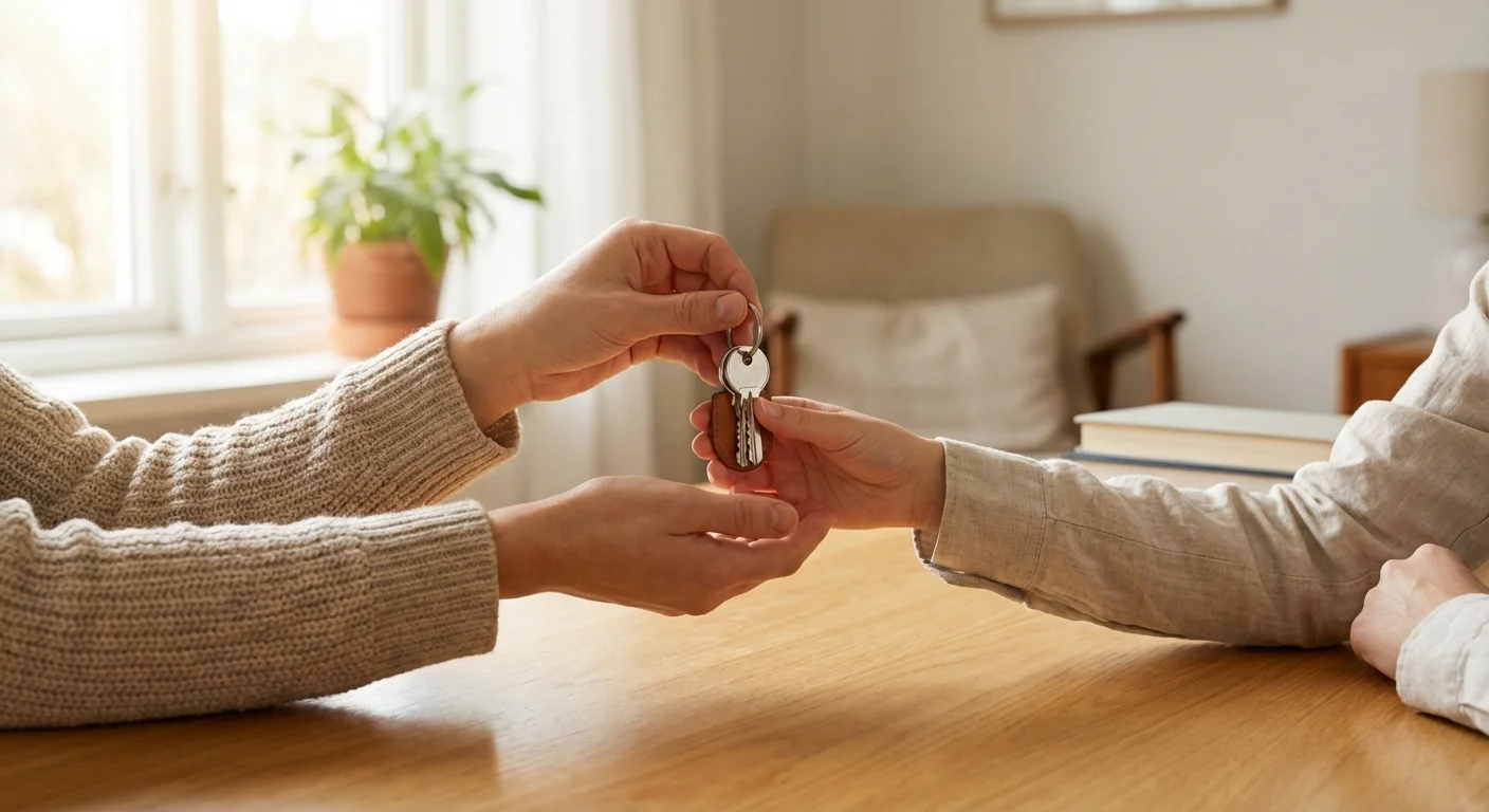 Close-up of a hand-to-hand key exchange over a wooden table in a sunlit room.