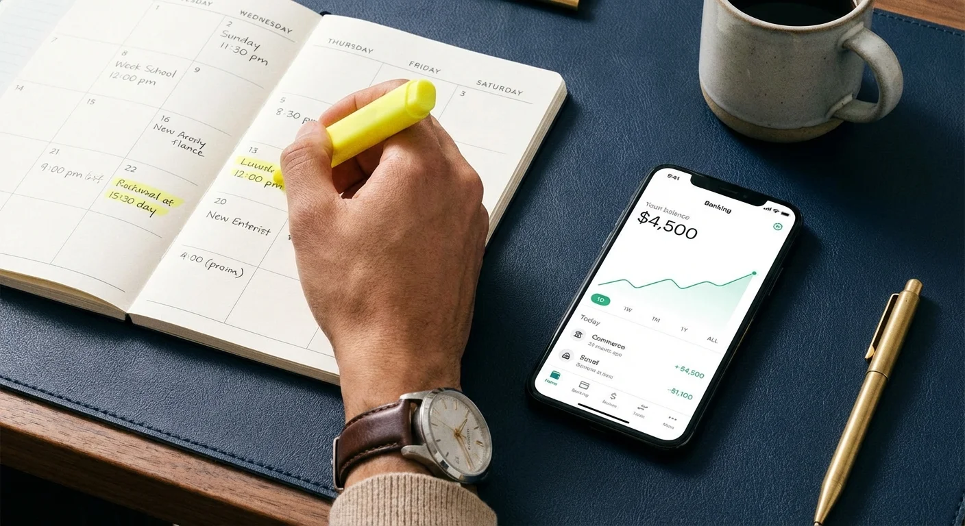 A hand highlighting a planner next to a smartphone with a banking app.