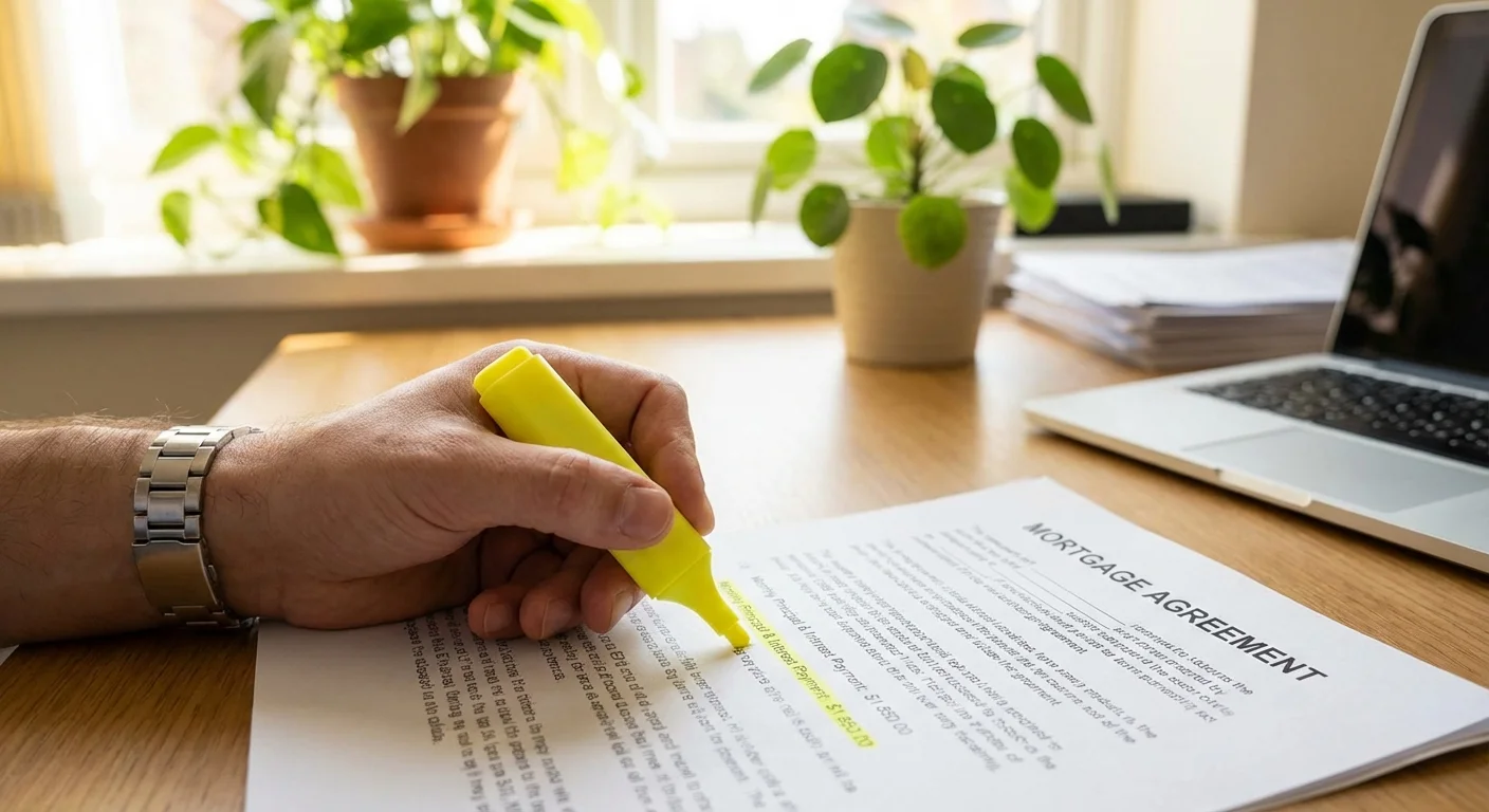 A person highlighting details on a mortgage contract in a bright office.