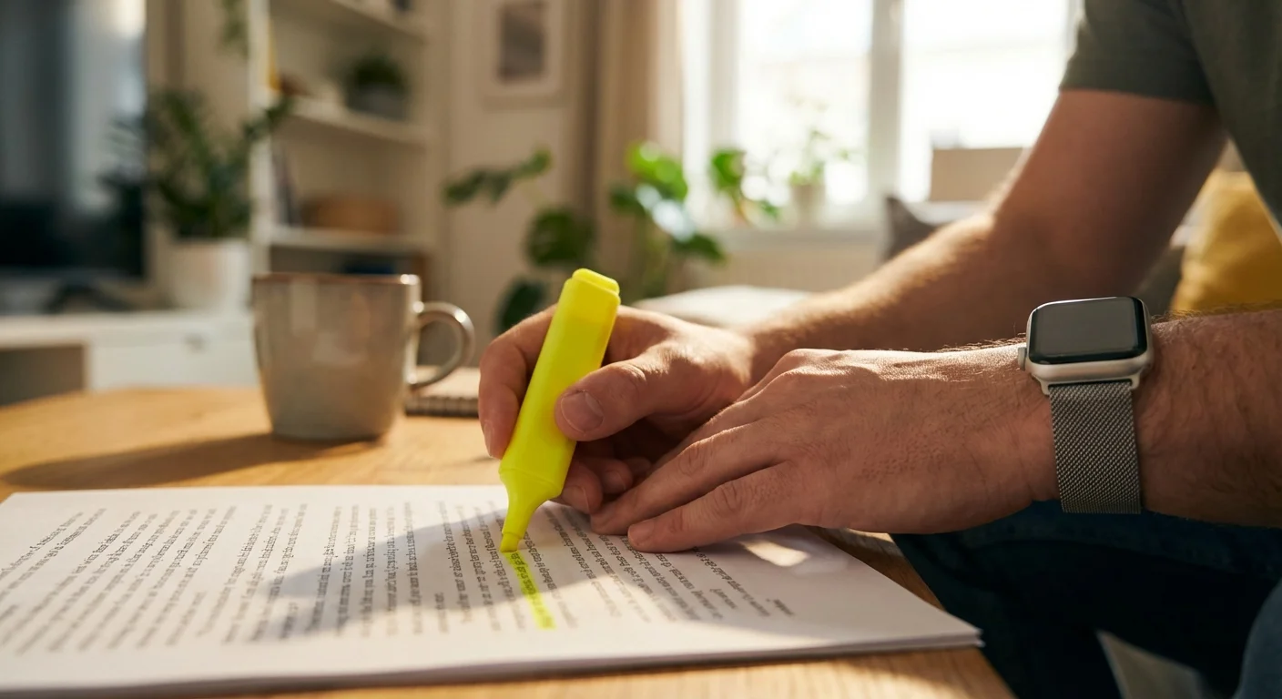 Close-up of a person highlighting details in a contract with a yellow marker.