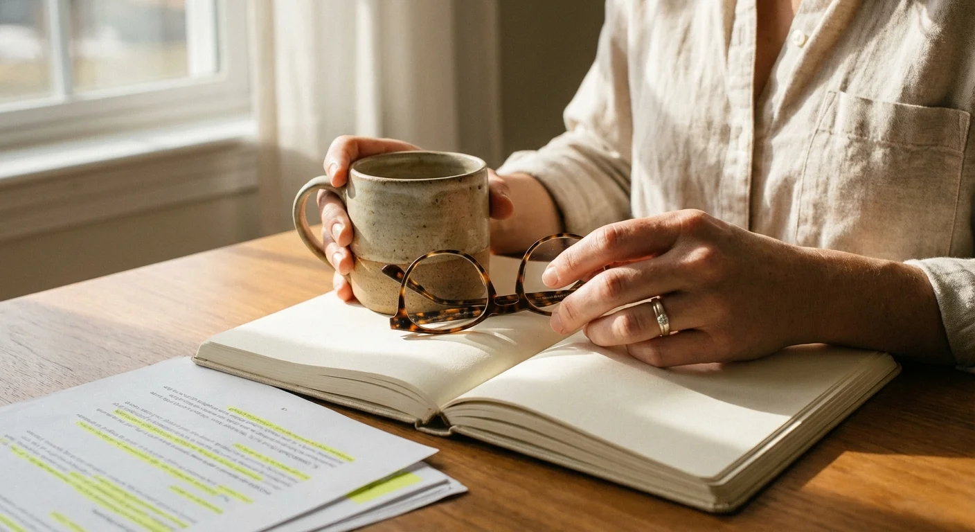 Close-up of hands with a coffee mug and reading glasses, representing a focused morning of planning.